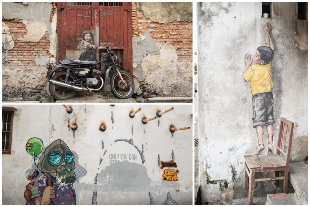 Boy on a Bike, Boy on chair - street art, Penang, Malajzia
