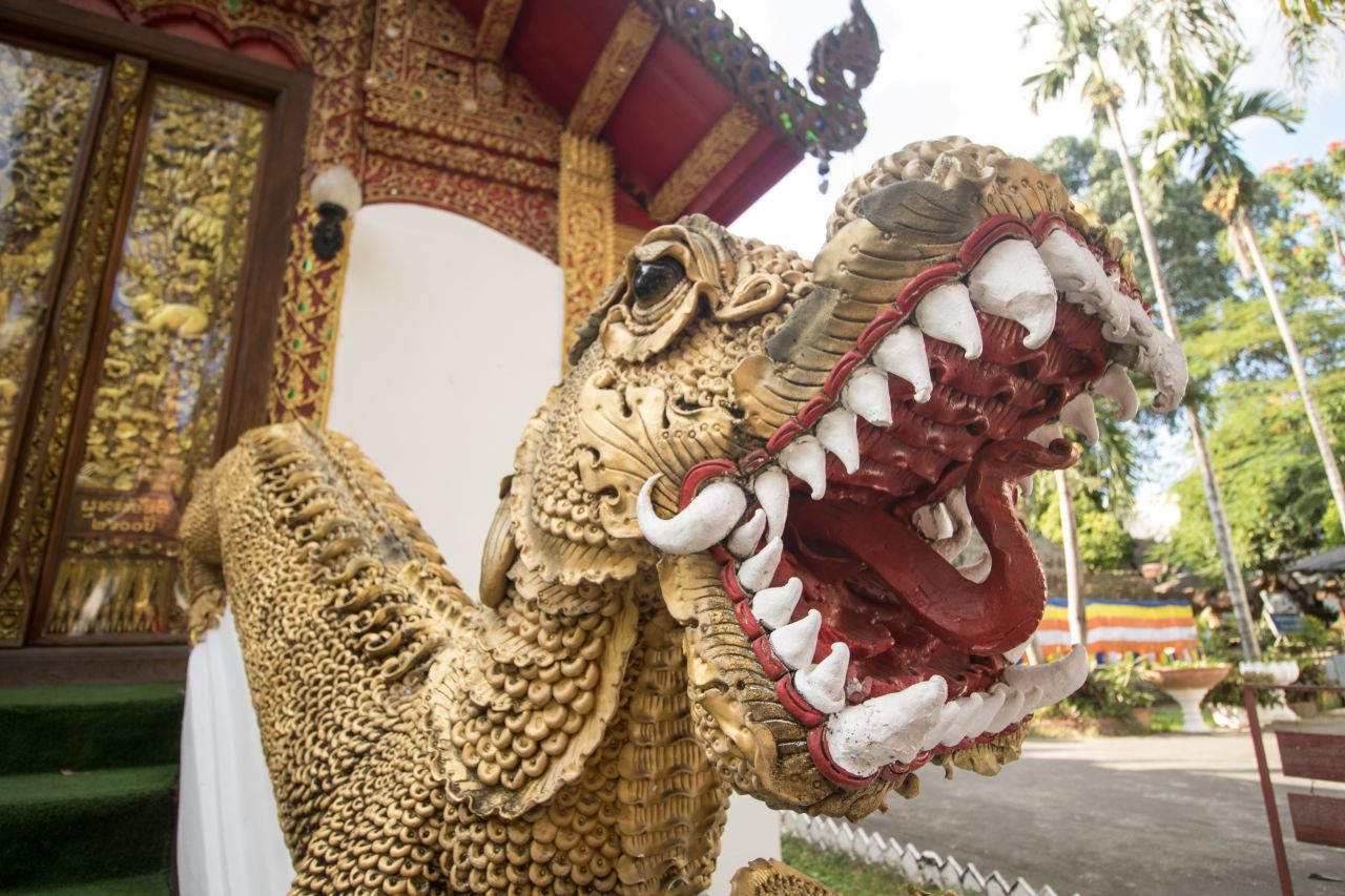 Drak pred chrámom Wat Sum Pow, Chiang Mai, Thajsko