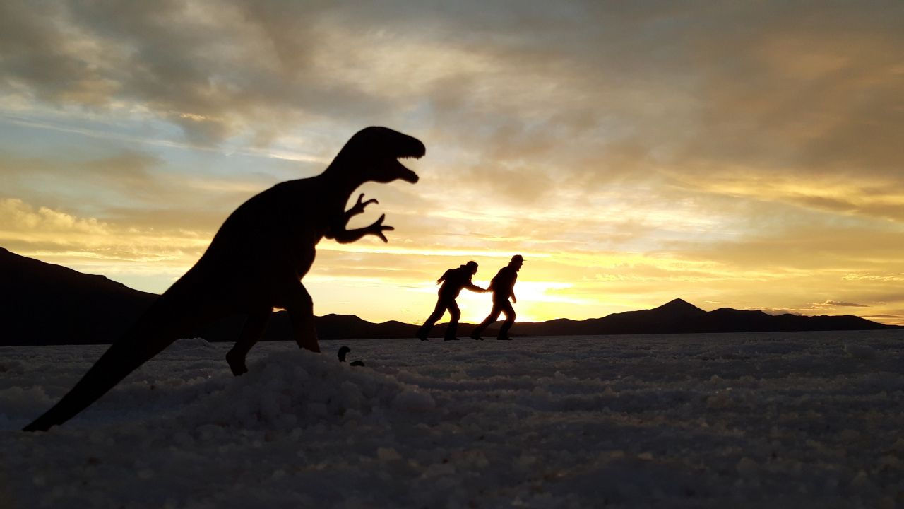 Rekvizity na Salar de Uyuni nosia aj vodiči, najčastejšie dinosaurov, prípadne godzillu ;)